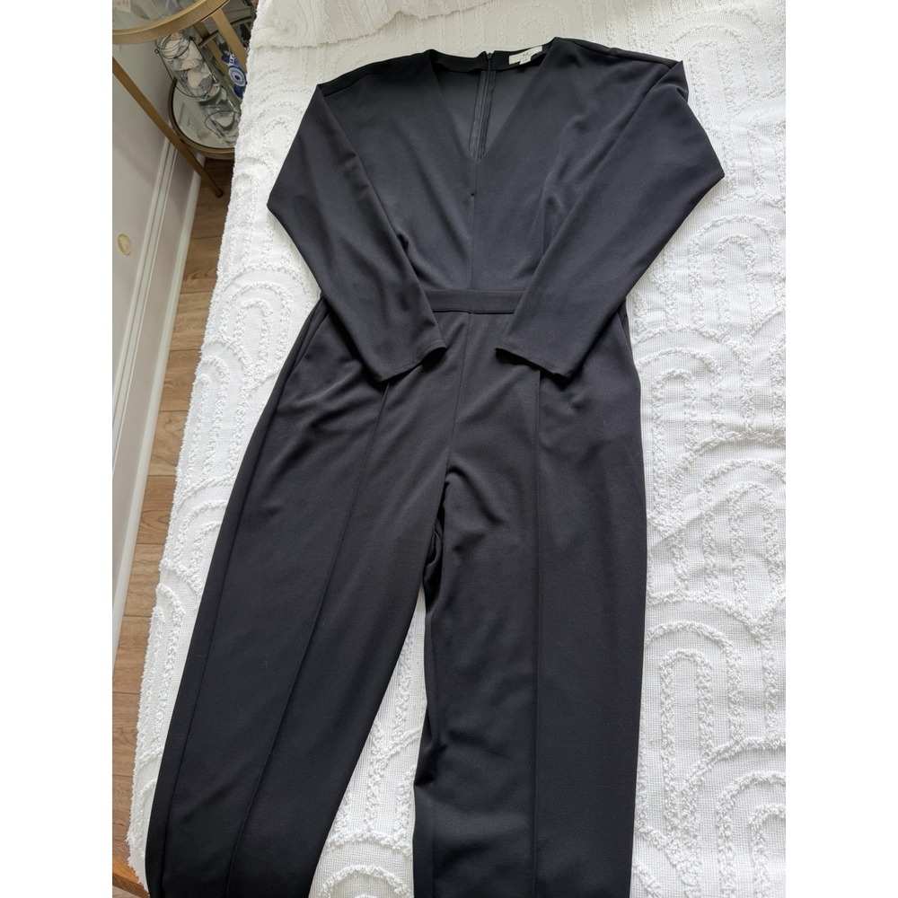 Halston Jumpsuit Women Large Black NWOT V-Neck Wide Leg Long Sleeve Zip